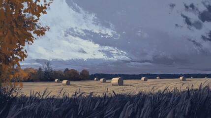 Vivid autumn landscape with golden leaves, scattered hay bales, and a dramatic, overcast sky showcasing rich textures and contrasting colors.