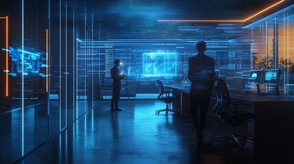 Futuristic Office with Holographic Devices and Interactive Visual Data