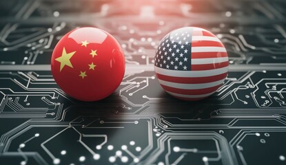 balloons with china and usa flags on a computer board