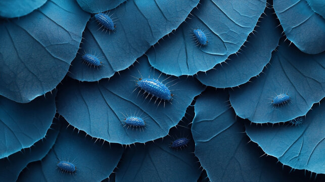 Macro photograph of small blue isopods on textured blue leaves, showcasing fine details of both the insects and the veined leaf surfaces in a harmonious monochromatic palette.
