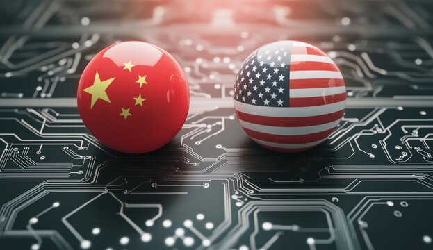 balloons with china and usa flags on a computer board - Powered by Adobe