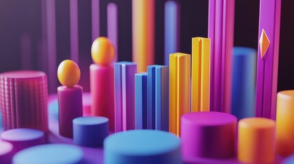 Obraz premium Colorful 3D Bar Graphs and Vibrant Pie Charts Showcasing Data Visualization in a Dynamic Digital Environment