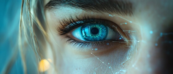 Blue eye seen through the lens of an AI network, digital connections and data flowing around it, futuristic technology, artificial intelligence, cybernetic vision