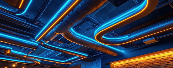 A vibrant ceiling design featuring illuminated piping in blue and orange hues, creating a modern and dynamic atmosphere.