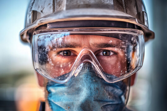 Close-up of a male construction worker with protective goggles and face mask, focused expression, showing the dedication and safety in construction work.