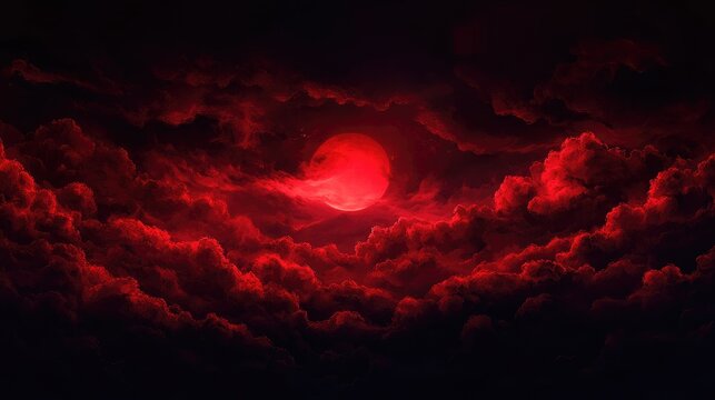 Surreal red clouds swirl in a dark sky, creating a mystical night ambiance, ideal for website headers or design elements. Atmospheric and versatile wide banner.