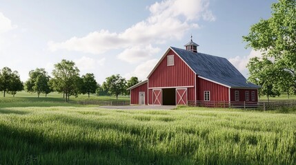 Obraz premium Rustic farmhouse with a vibrant red barn surrounded by lush green fields and scattered trees under a bright blue sky with fluffy clouds.