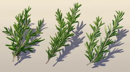 Naklejka premium Fresh rosemary sprigs arranged artistically showcasing vibrant green colors and intricate leaf details against a light backdrop.