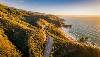 A drone style view of a road winding along the coast in the late afternoon sun with a view of the ocean