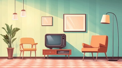 Fototapeta premium Retro living room with vintage furniture, classic television, and stylish warm lighting, creating a nostalgic and cozy atmosphere.