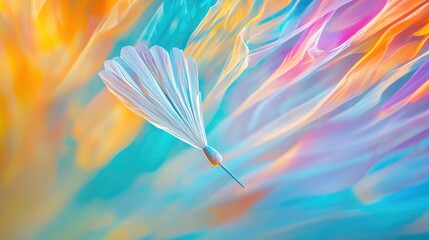Shuttlecock gliding gracefully against a swirling colorful abstract background of vibrant blues, pinks, and oranges, creating a dynamic visual contrast.
