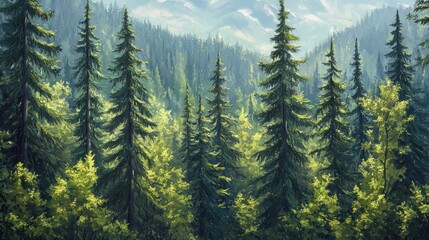Fototapeta premium Vibrant spruce forest scene with sunlight filtering through treetops, showcasing lush greenery in a stunning panoramic landscape.