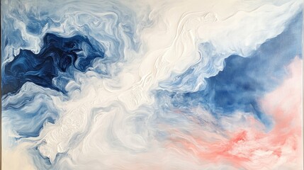 Fototapeta premium Acrylic fluid art on canvas with flowing white, blue, and pink hues over an abstract stone-like background displaying vibrant textures.