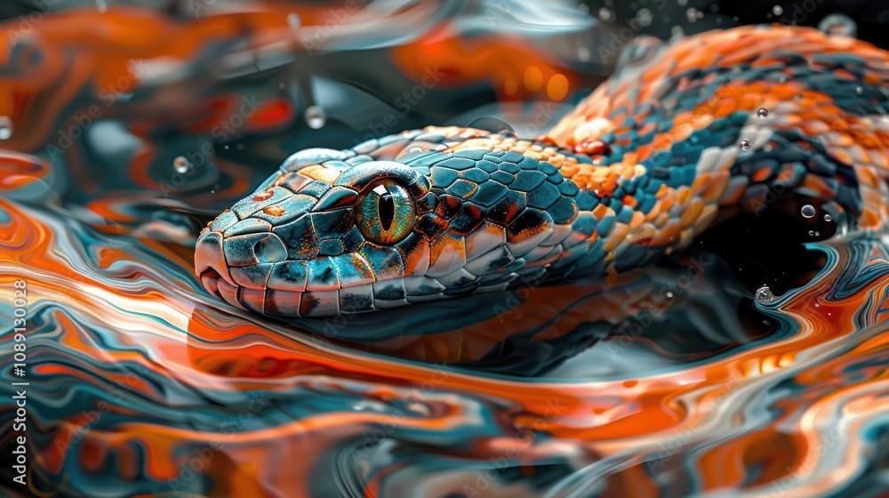 Poster a close-up of a snake's head with colorful patterns in the background.