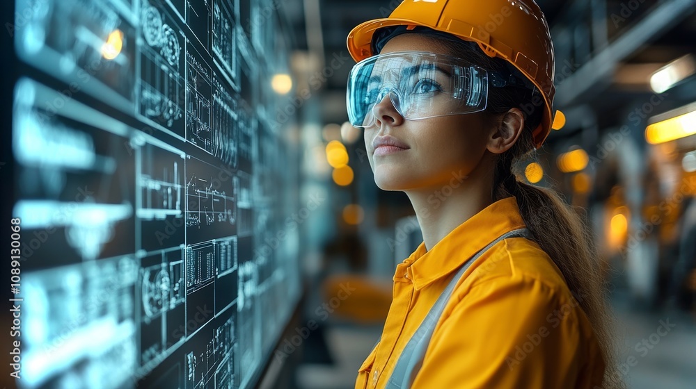 Poster engineer analyzing technical data in a high-tech workspace during the daytime