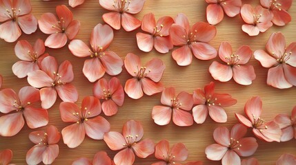 Obraz premium Close-up of soft pink cherry blossoms artfully scattered on a smooth wooden surface, showcasing delicate petals and floral details.