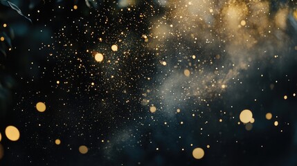 Fototapeta premium Elegant black background filled with shimmering golden sparkles, showcasing a dreamy blurred effect that adds depth and richness.