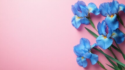 Obraz premium Vibrant blue iris flowers on a soft pink background with plenty of empty space for text or design, creating a minimalist and elegant aesthetic