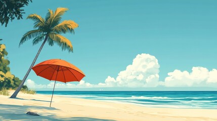 Tropical beach scene with a vibrant orange umbrella, a swaying palm tree, soft golden sand, and a clear blue sky dotted with fluffy white clouds.