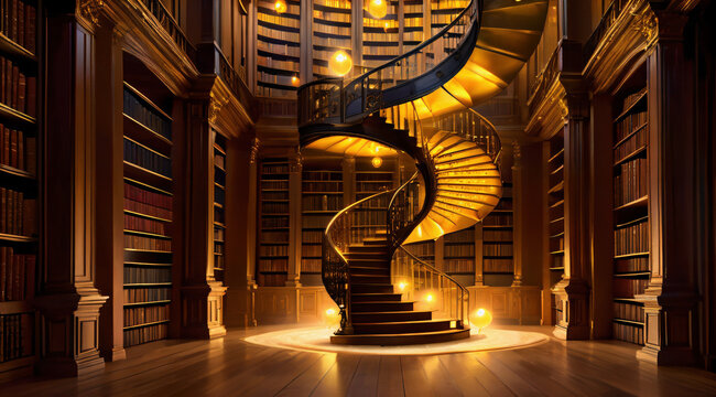 Unendliche B&uuml;cherei . Ein mysteri&ouml;s wirkender raum voller B&uuml;cher mit einer schier endlosen Treppe . KI Generated  