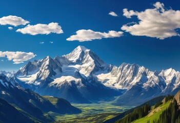 Fototapeta premium breathtaking panoramic views showcasing majestic serene mountain landscapes clear blue skies vibrant greenery, panorama, scenery, nature, peak, summit