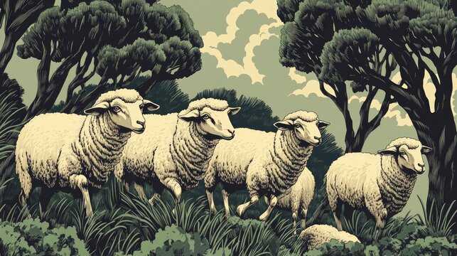 Artistic block print of grazing sheep amidst lush greenery and trees, capturing tranquil moments in their natural habitat in a poster format.