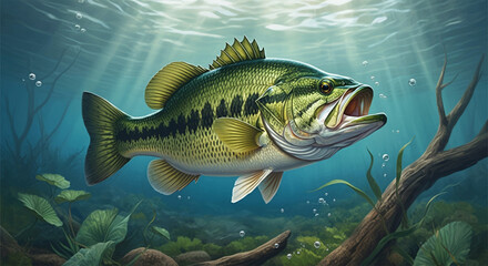 Fototapeta premium Large Mouth Bass Fish in the Water, Stream or River, Isolated Nature Wildlife Fishing Angler Illustration