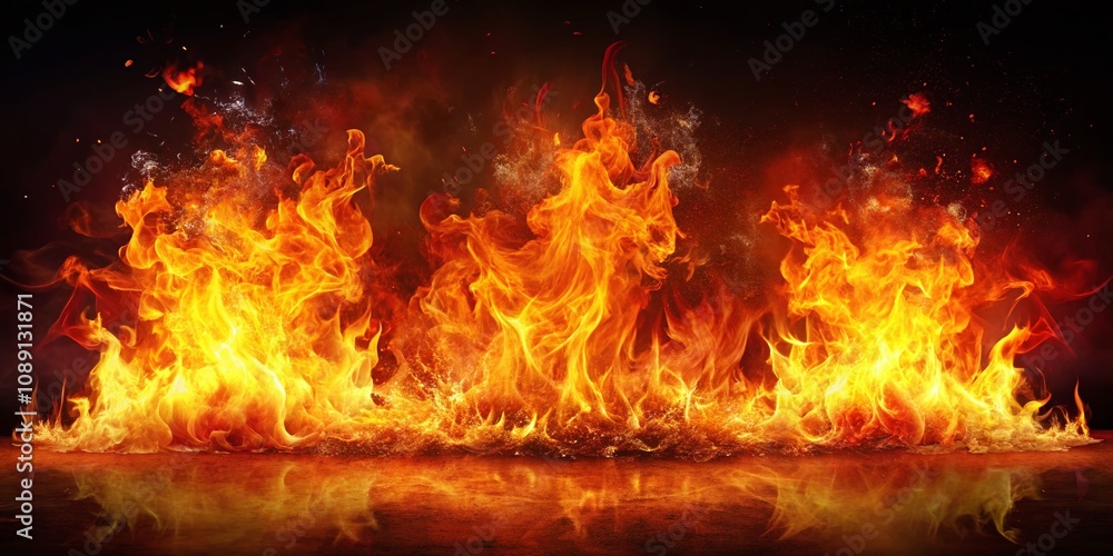 Poster captivating fire bursts erupting from multiple angles, showcasing dynamic energy and vivid colors in