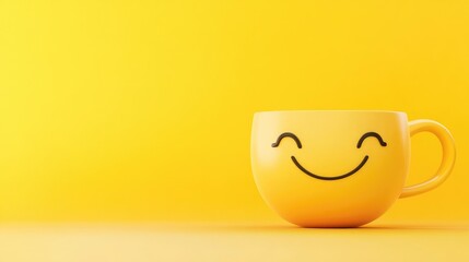 Cheerful yellow cup with a smiling face on a vibrant yellow background, perfect for creating a joyful and inspiring message or banner.