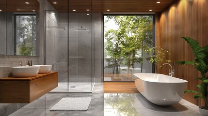 Fototapeta premium Modern Bathroom Design with Freestanding Bathtub and Elegant Wood Accents Featuring Natural Light and Indoor Plants to Enhance Serenity and Relaxation
