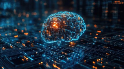 Digital representation of a glowing brain symbolizing AI advancements in drug discovery, surrounded by a network of circuit-like structures and bright data nodes.