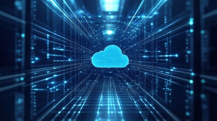 Obraz premium A Blue Cloud Symbol in a Digital Server Network