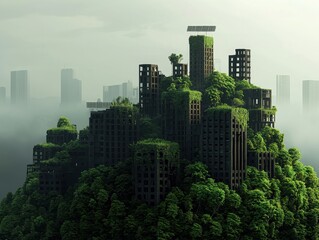 Fototapeta premium Postapocalyptic city ruins overrun by nature abandoned urban landscape surreal environment dystopian future elevated perspective eco-reclamation theme