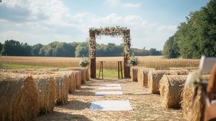Marriage ceremony in a field with hay bales as seating close up, rustic theme, dynamic, Multilayer, open field backdrop