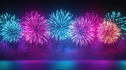 Bright neon fireworks display over water