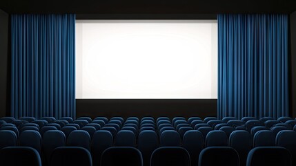 Obraz premium Luxurious theater setting with blue velvet curtains framing a large screen, capturing the essence of performance magic.