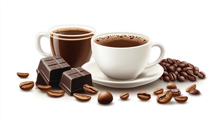Coffee cup and chocolate with roasted coffee beans featuring espresso and cappuccino drinks for cafe promotional banner