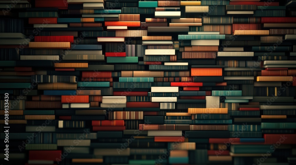 Fototapete a visually striking array of books arranged in a colorful, stacked pattern, creating an inviting and