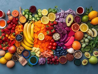 Colorful rainbow-themed picnic with fresh foods outdoor garden food presentation natural setting aesthetic viewpoint healthy eating concept