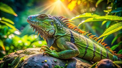 Obraz premium Captivating Green Iguana Amidst Lush Zoo Landscape, Showcasing the Beauty of Nature and Wildlife in a Serene Habitat Setting