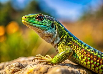 Obraz premium Captivating Italian Wall Lizard Podarcis Siculus in Ideal Basking Position, Showcasing Natural Habitat and Stunning Colors in Perfect Rule of Thirds Composition