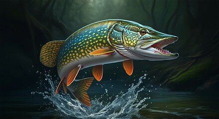 Fototapeta premium Northern Pike Fish in the Water, Stream or River, Isolated Nature Wildlife Fishing Angler Illustration