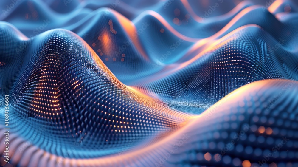 Poster abstract digital landscape with glowing dots, creating a dynamic and futuristic scene.