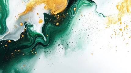 Abstract Fluid Art Banner with Green, Gold, and White Paint Swirls Showcasing a Vibrant Mixing Effect Perfect for Interior Decor