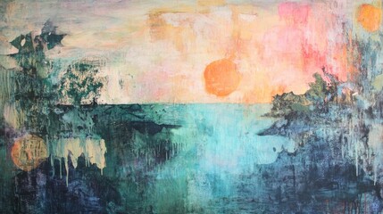 Abstract Landscape with Vibrant Colors and Mixed Textures Showcasing a Serene Water Scene Under a Colorful Sky with Artistic Depths and Impressions
