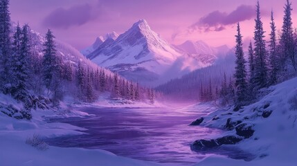 Serene winter panorama featuring a purple-hued dawn landscape with majestic mountains and a tranquil river surrounded by snow-covered trees.