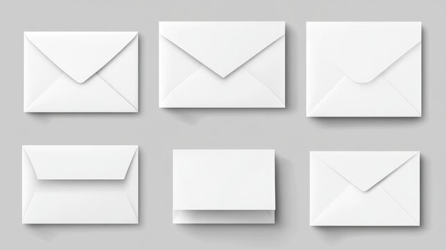 Collection of various white square envelopes with pointed and flat flaps arranged on a gray background, showcasing a clean and minimalistic design.