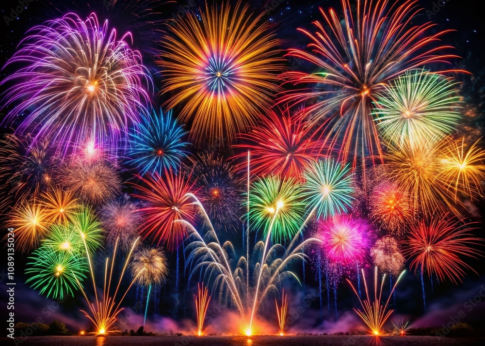 Poster captivating long exposure fireworks display with vibrant colors and dynamic patterns against a dark 
