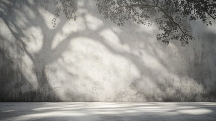 Textured light concrete wall with the shadow of a tree creating abstract patterns, offering a unique backdrop for text in a vertical composition.
