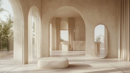 Elegant villa interior with an arched window and large mirror, featuring creamy tones, soft textures, and a serene, refined atmosphere.
